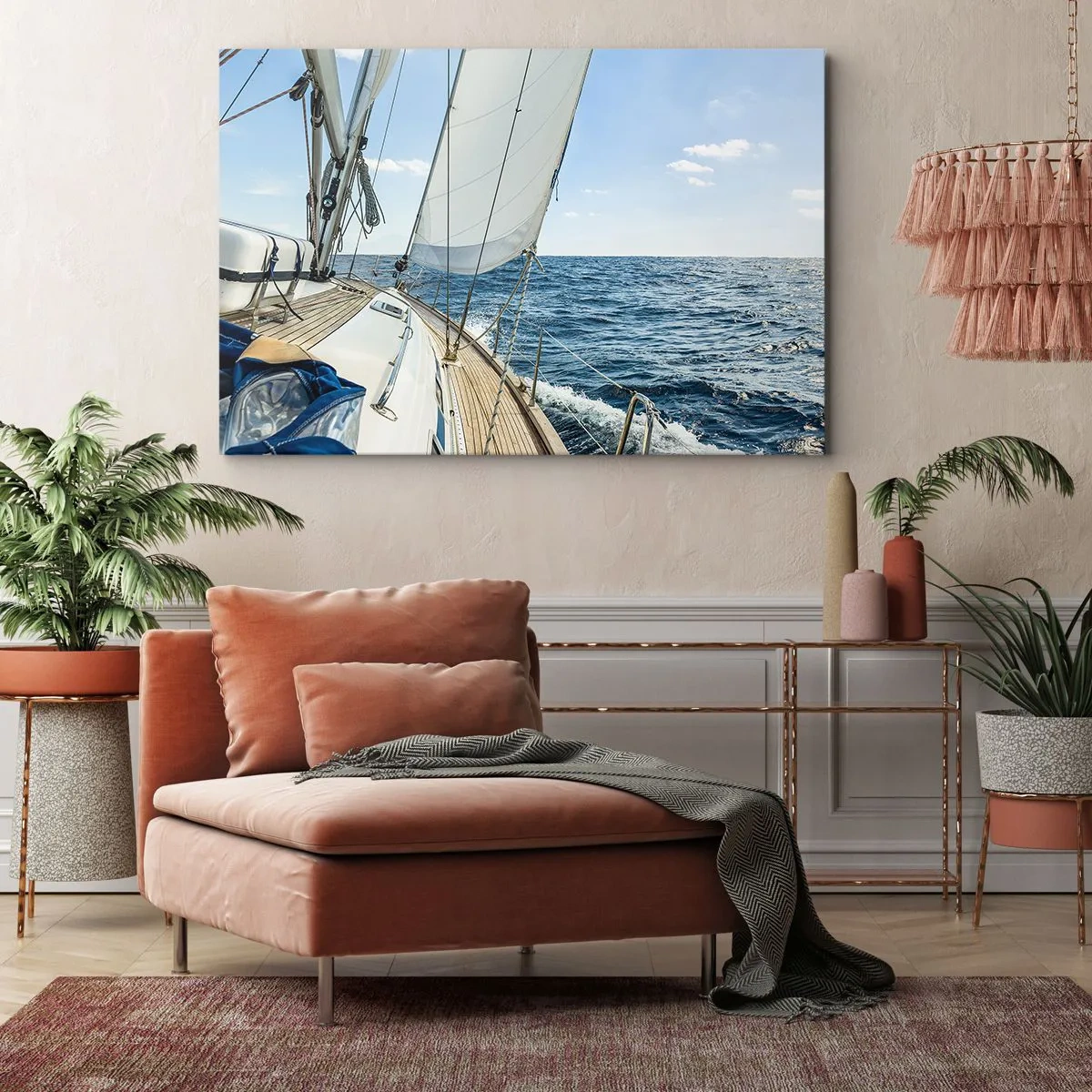 Bild auf Leinwand - Leinwandbild - Ein Segelboot auf ruhiger See unter blauem Himmel - 70x50cm - Ahoi, Abenteuer - Moderne Wanddekoration für Wohnzimmer und Schlafzimmer ARTTOR