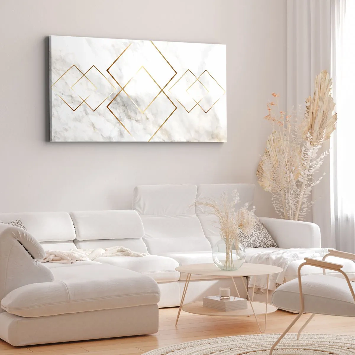 Bild auf Leinwand - Leinwandbild - Minimalistische goldene Rauten auf Marmorhintergrund - 160x50cm - Ein Blick in die Unendlichkeit - Moderne Wanddekoration für Wohnzimmer und Schlafzimmer ARTTOR
