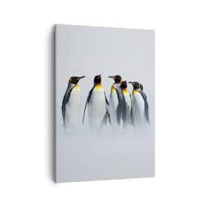 Bild auf Leinwand - Leinwandbild - Eine Gruppe Kaiserpinguine im Winternebel - 50x70cm - Treffen in Abendkleidern - Moderne Wanddekoration für Wohnzimmer und Schlafzimmer ARTTOR