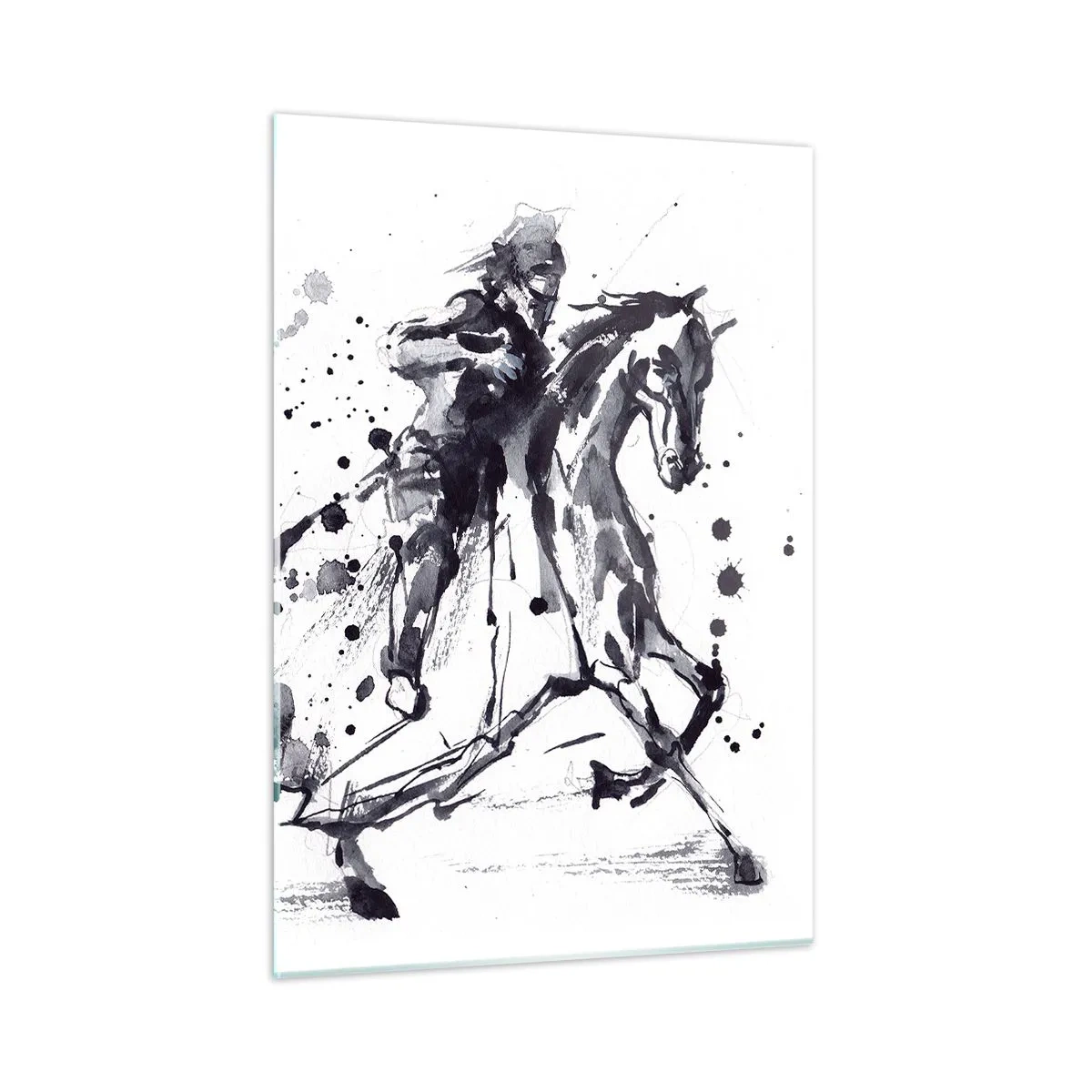 Glasbild - Bild auf glas - Schwarz-Weiß-Gemälde eines Reiters auf einem Pferd im abstrakten Stil - 50x70cm - Schwarzer Ritter - Moderne Wanddekoration für Wohnzimmer und Schlafzimmer ARTTOR