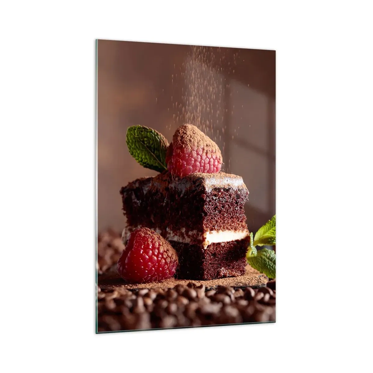 Glasbild - Bild auf glas - Schokoladenkuchen mit Himbeeren und Minze auf einem Hintergrund aus Kakaobohnen - 70x100cm - Das Leben ist süß - Moderne Wanddekoration für Wohnzimmer und Schlafzimmer ARTTOR