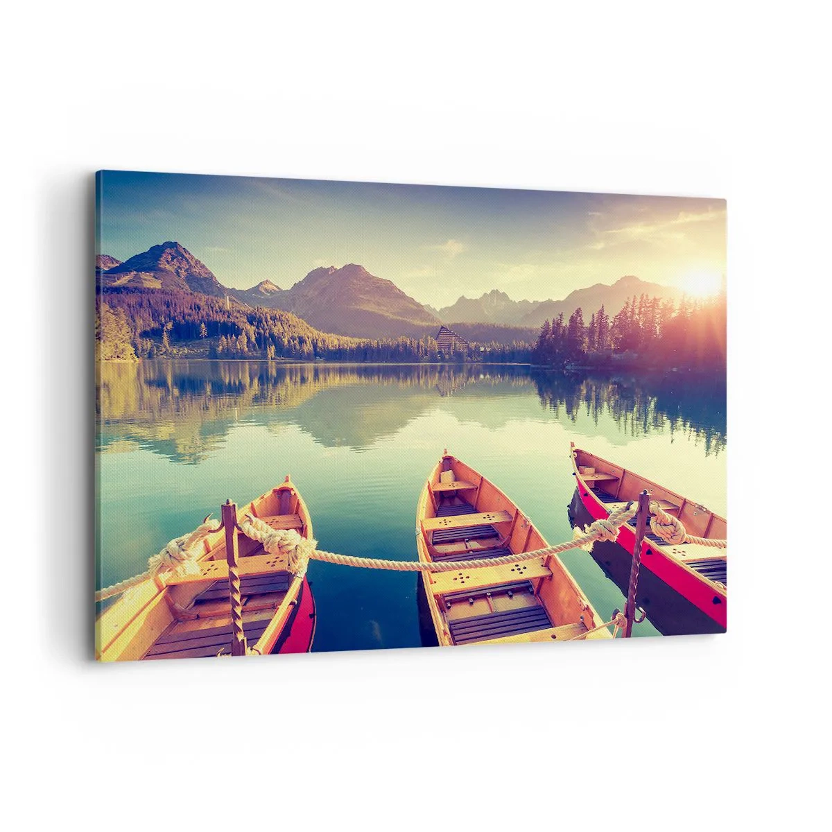 Bild auf Leinwand - Leinwandbild - Boote auf einem ruhigen See, umgeben von Bergen bei Sonnenuntergang - 120x80cm - Lebe nach ihren Gesetzen - Moderne Wanddekoration für Wohnzimmer und Schlafzimmer ARTTOR