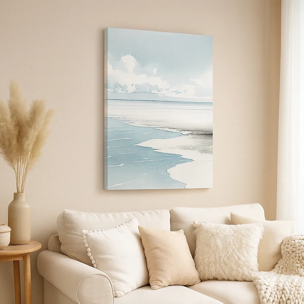 Bild auf Leinwand - Leinwandbild - Ruhiges Meer und Strand in hellen Blautönen - 50x70cm - Sanfte Flut - Moderne Wanddekoration für Wohnzimmer und Schlafzimmer ARTTOR