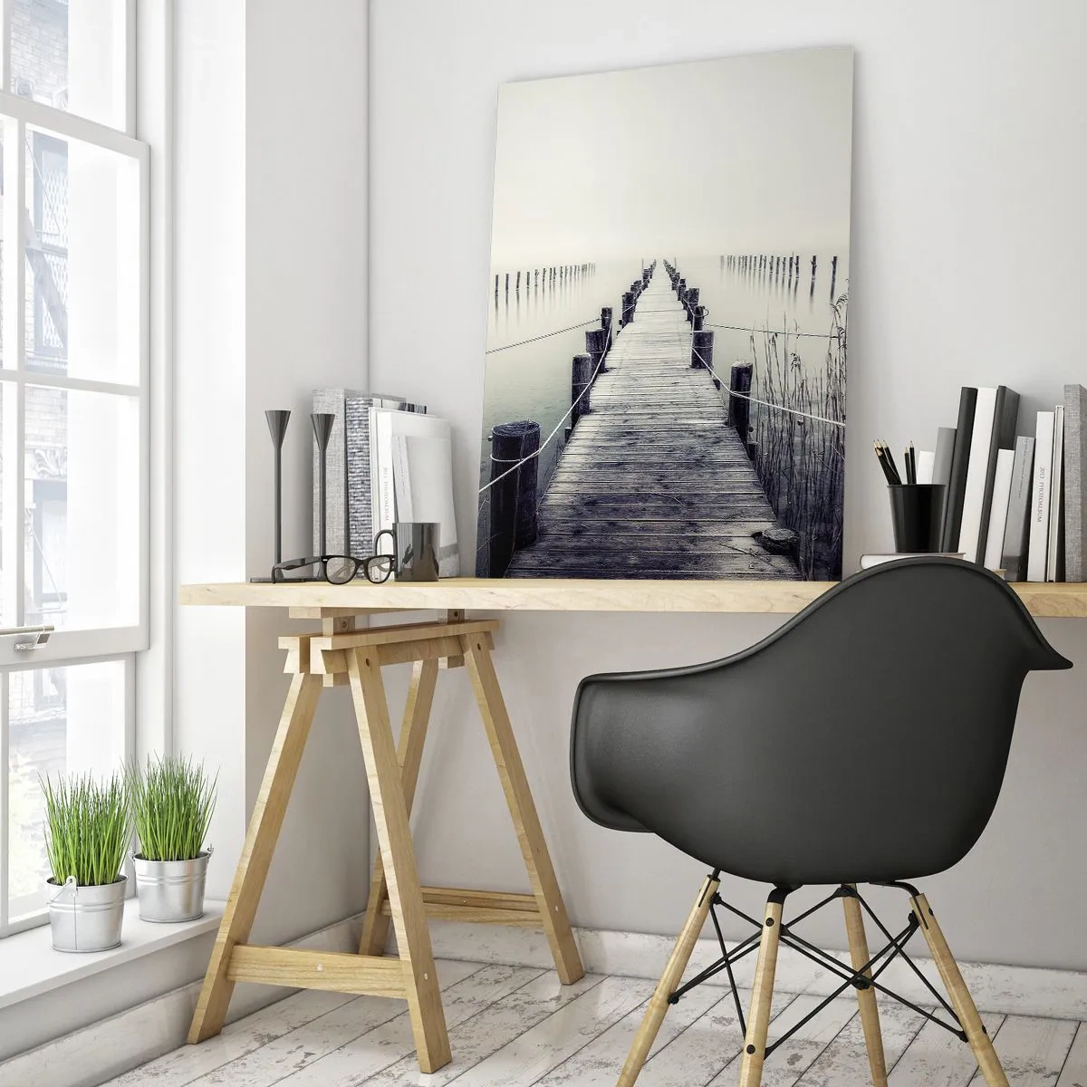 Glasbild - Bild auf glas - Eine Holzbrücke führt in die Tiefe eines ruhigen Sees im Nebel. - 50x70cm - Tauchen Sie in Ruhe ein - Moderne Wanddekoration für Wohnzimmer und Schlafzimmer ARTTOR