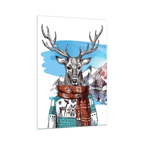 Glasbild - Bild auf glas - Ein Hirsch im Winterpullover vor einer Berglandschaft - 70x100cm - Auch ein Reh friert nicht - Moderne Wanddekoration für Wohnzimmer und Schlafzimmer ARTTOR