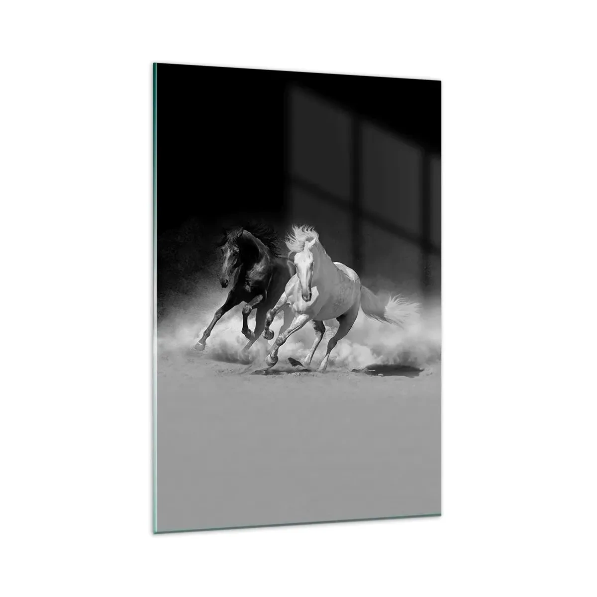 Glasbild - Bild auf glas - Laufende Pferde in Schwarz und Weiß - 80x120cm - Galopp der Freiheit - Moderne Wanddekoration für Wohnzimmer und Schlafzimmer ARTTOR