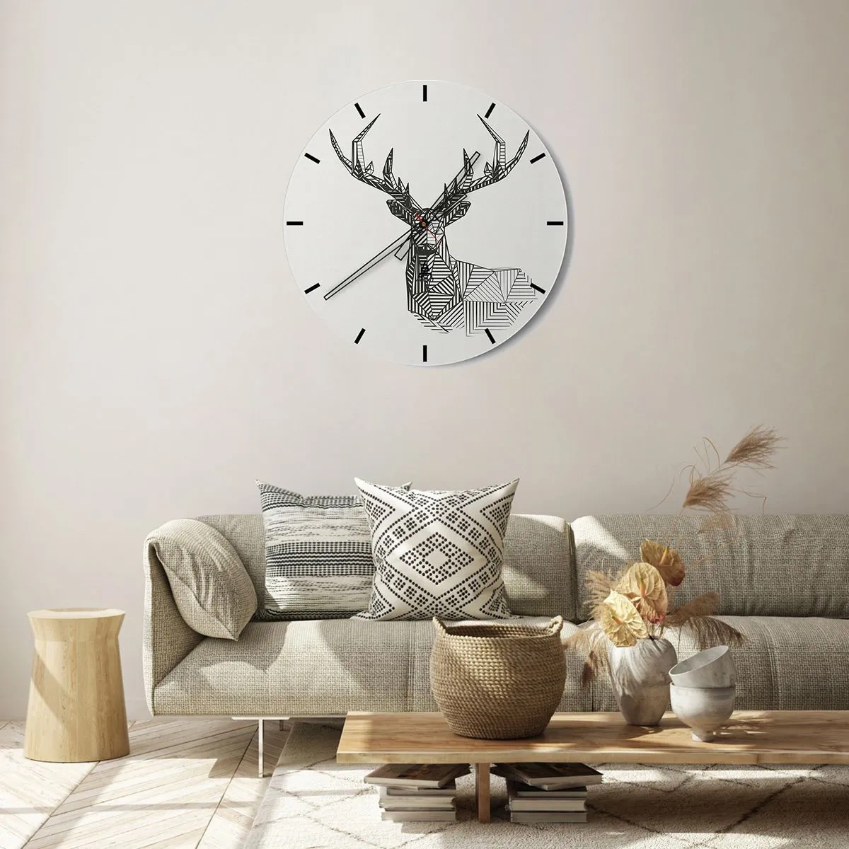 Wanduhr - Glasuhr - Geometrischer linearer Hirsch auf hellem Hintergrund - 30x30cm - Ein Hirsch im kubistischen Stil - Moderne Wanddekoration für Wohnzimmer, Küche und Schlafzimmer ARTTOR