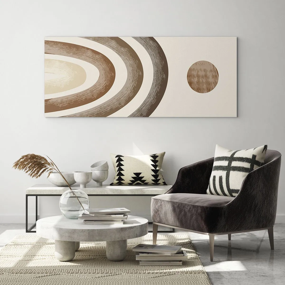 Glasbild - Bild auf glas - Geometrisches Planetenmotiv in Brauntönen - 140x50cm - In einer weit entfernten Galaxie - Moderne Wanddekoration für Wohnzimmer und Schlafzimmer ARTTOR
