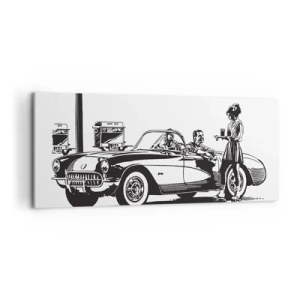 Bild auf Leinwand - Leinwandbild - Eine schwarz-weiße Retro-Szene mit einem Auto und einer Kellnerin auf Rollschuhen. - 120x50cm - 60. - unbeschwertes Amerika - Moderne Wanddekoration für Wohnzimmer und Schlafzimmer ARTTOR