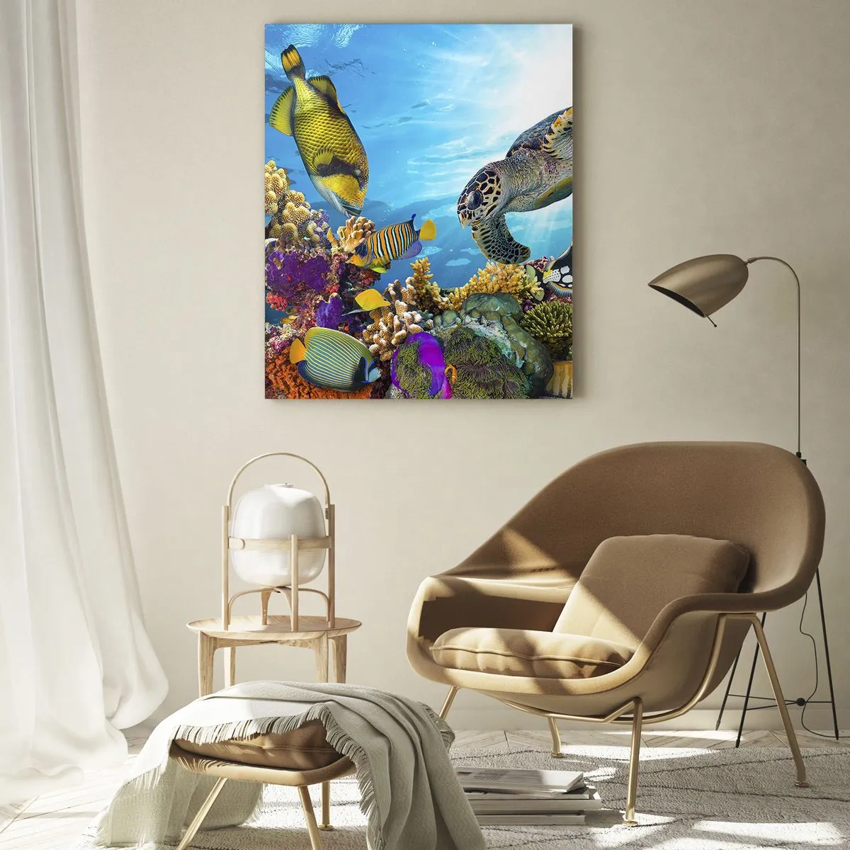Glasbild - Bild auf glas - Unterwasserwelt mit bunten Fischen und einer Schildkröte in den Korallen - 80x120cm - Korallenpromenade - Moderne Wanddekoration für Wohnzimmer und Schlafzimmer ARTTOR