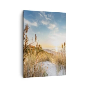 Bild auf Leinwand - Leinwandbild - Ein malerischer Strand mit Gras und untergehender Sonne - 50x70cm - Nordstrand - Moderne Wanddekoration für Wohnzimmer und Schlafzimmer ARTTOR