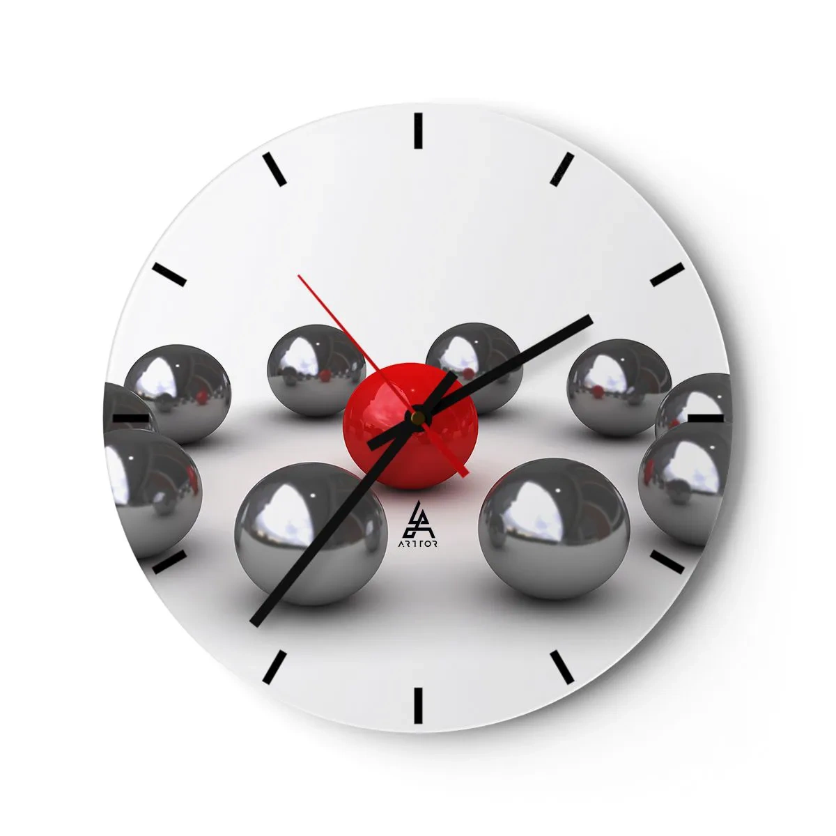 Wanduhr - Glasuhr - Rote und silberne Kugeln auf weißem Hintergrund, ein minimalistisches Muster - 30x30cm - Ein Kreis in Silber und Rot - Moderne Wanddekoration für Wohnzimmer, Küche und Schlafzimmer ARTTOR