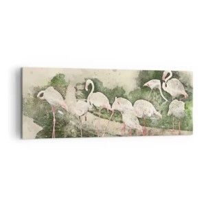 Bild auf Leinwand - Leinwandbild - Flamingos in ihrer natürlichen Umgebung im Aquarellstil - 140x50cm - Exotischer Traum - Moderne Wanddekoration für Wohnzimmer und Schlafzimmer ARTTOR
