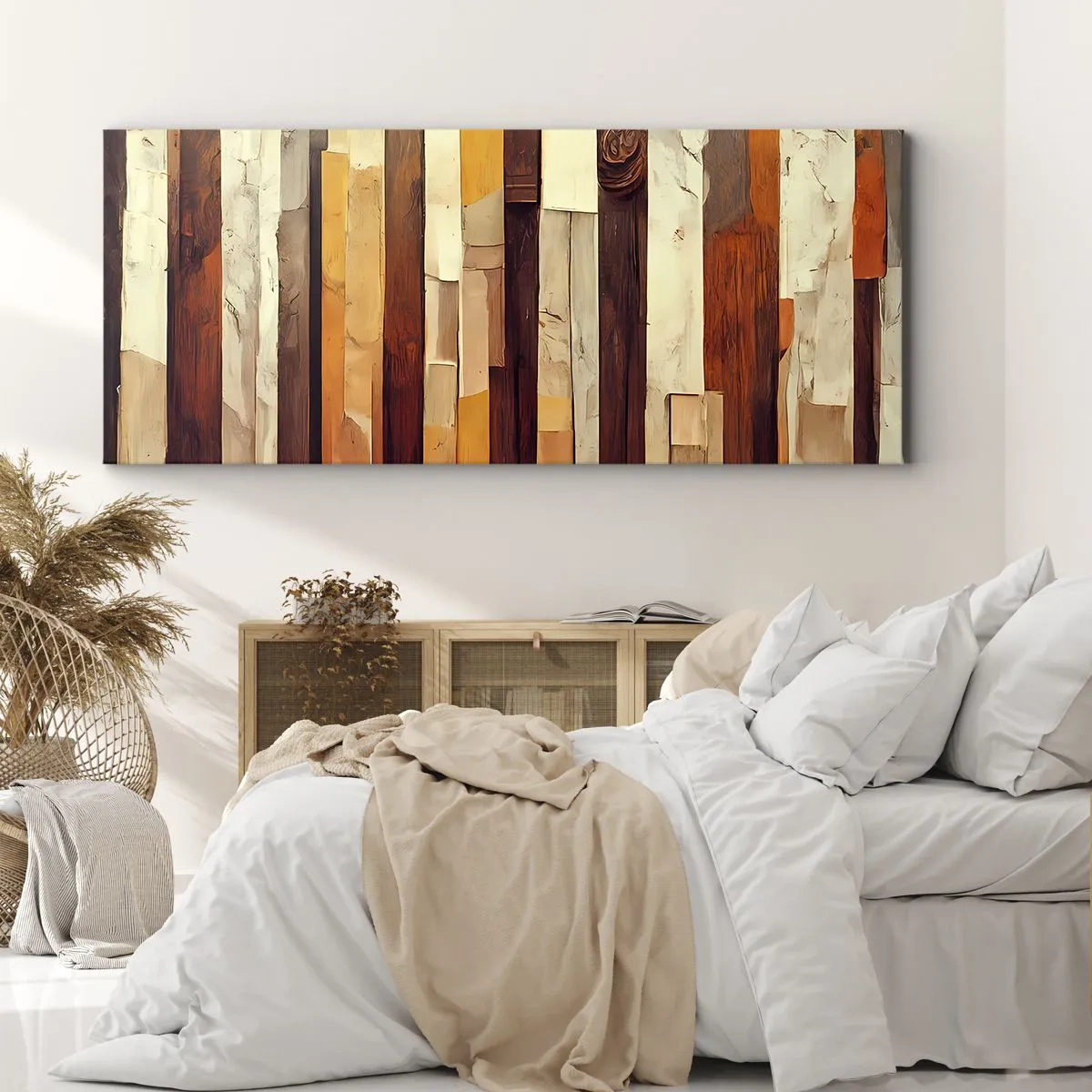 Bild auf Leinwand - Leinwandbild - Geometrische Komposition in Holz- und Goldtönen - 120x50cm - Hymne der Waldbäume - Moderne Wanddekoration für Wohnzimmer und Schlafzimmer ARTTOR