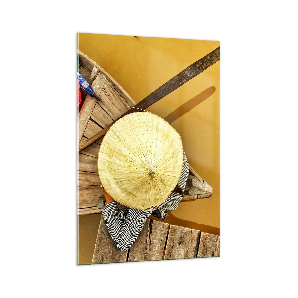 Glasbild - Bild auf glas - Ein traditionelles Boot aus der Vogelperspektive - 70x100cm - Leben am Gelben Fluss - Moderne Wanddekoration für Wohnzimmer und Schlafzimmer ARTTOR