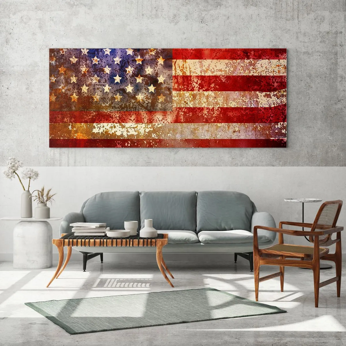 Glasbild - Bild auf glas - Stilisierte US-Flagge mit gealtertem Effekt - 160x50cm - Ruhm verblasst nicht - Moderne Wanddekoration für Wohnzimmer und Schlafzimmer ARTTOR