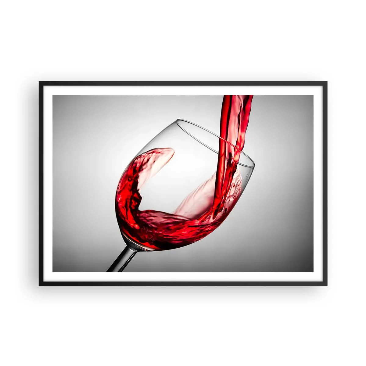 Poster in einem schwarzem Rahmen - Ein Glas Rotwein wird vor hellem Hintergrund eingeschenkt - 100x70cm - Farbe – Bewegung – Klang - Moderne Wanddekoration für Wohnzimmer und Schlafzimmer ARTTOR