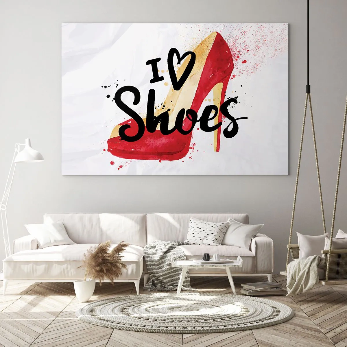Glasbild - Bild auf glas - Ein roter High Heel und die Worte „I love shoes“ auf hellem Hintergrund - 70x50cm - Liebe hat viele Namen - Moderne Wanddekoration für Wohnzimmer und Schlafzimmer ARTTOR