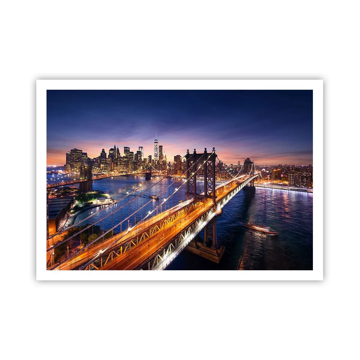 Poster - Die Brücke und das Stadtpanorama bei Sonnenuntergang - 100x70cm - Eine leuchtende Brücke zum Herzen der Stadt - Moderne Wanddekoration für Wohnzimmer und Schlafzimmer ARTTOR