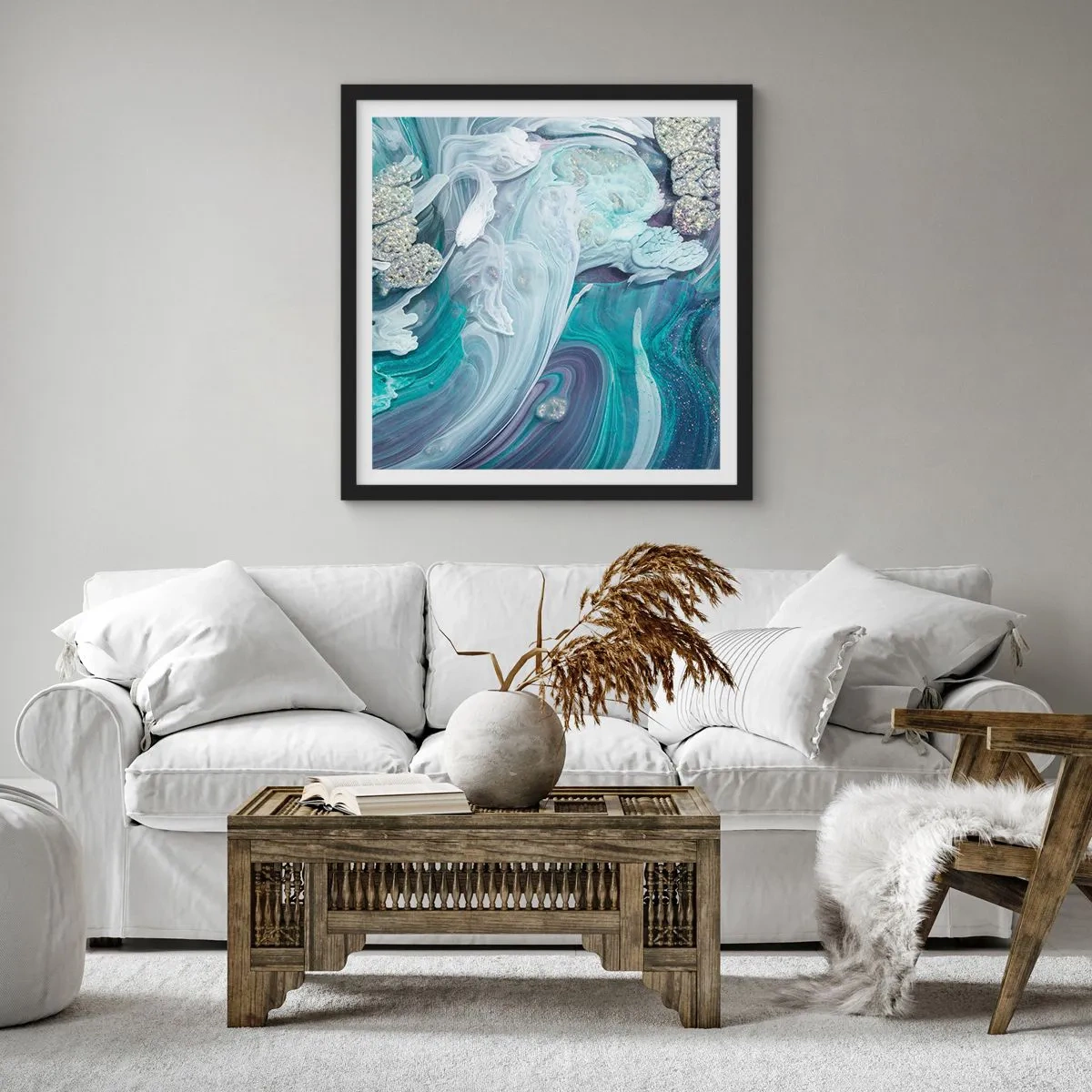 Poster in einem schwarzem Rahmen - Strömungen von Himmelblau - 60x60 cm