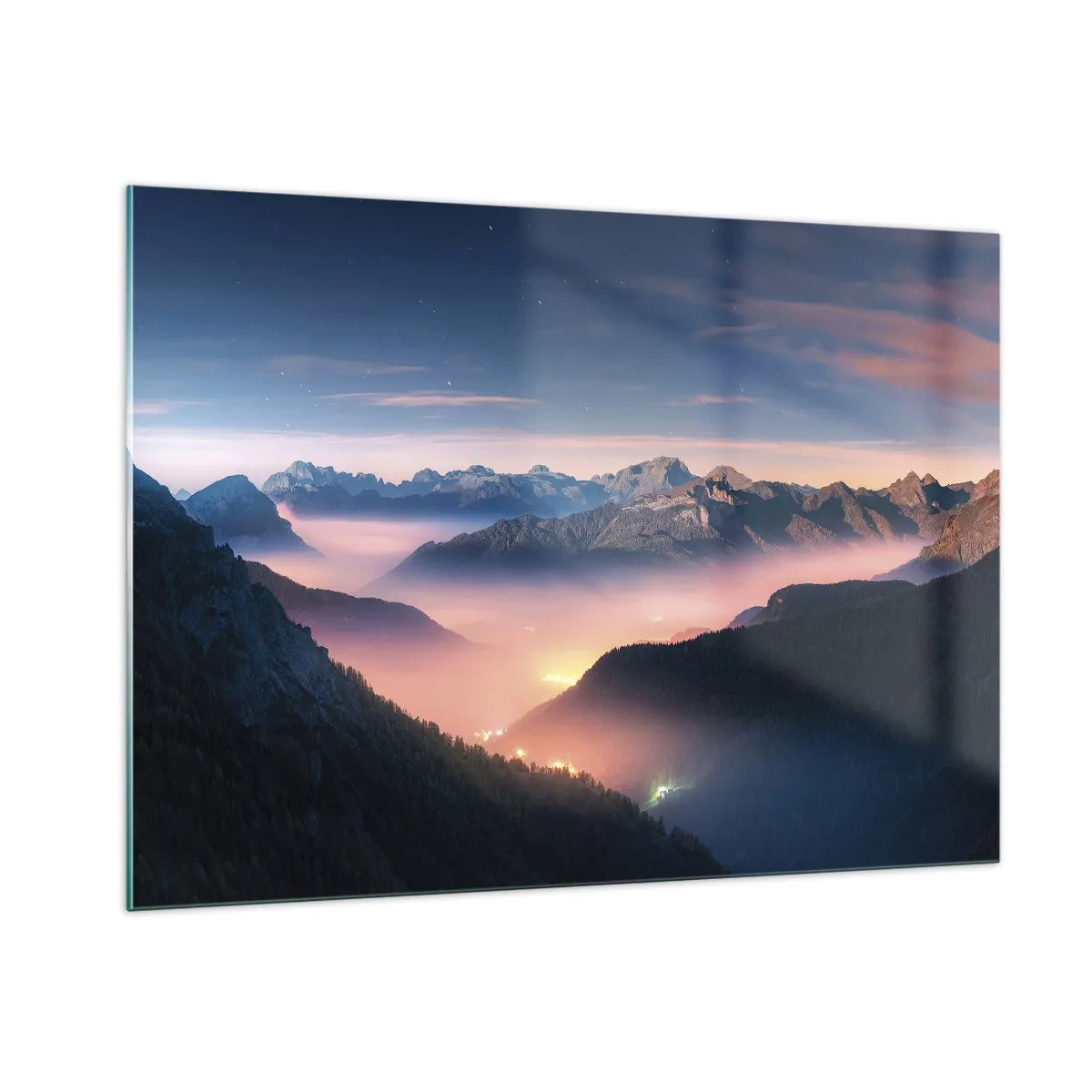 Glasbild - Bild auf glas - Berglandschaft bei Sonnenuntergang mit Nebel im Tal - 100x70cm - Licht in den Tälern - Moderne Wanddekoration für Wohnzimmer und Schlafzimmer ARTTOR