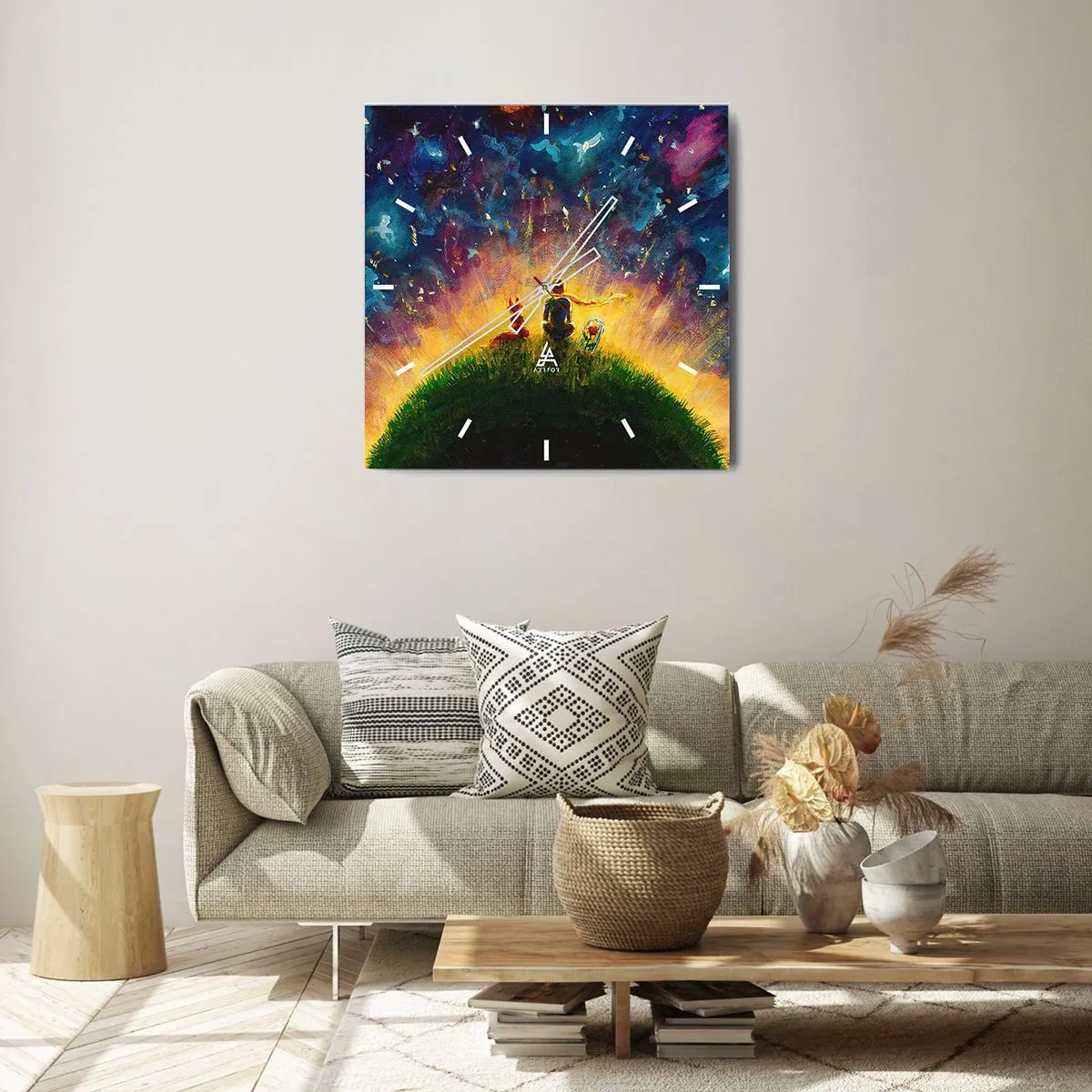 Wanduhr - Glasuhr - Figuren auf einem grünen Hügel, umgeben von einem Sternenhimmel - 30x30cm - Liebe und Freundschaft - die ganze Welt - Moderne Wanddekoration für Wohnzimmer und Schlafzimmer ARTTOR