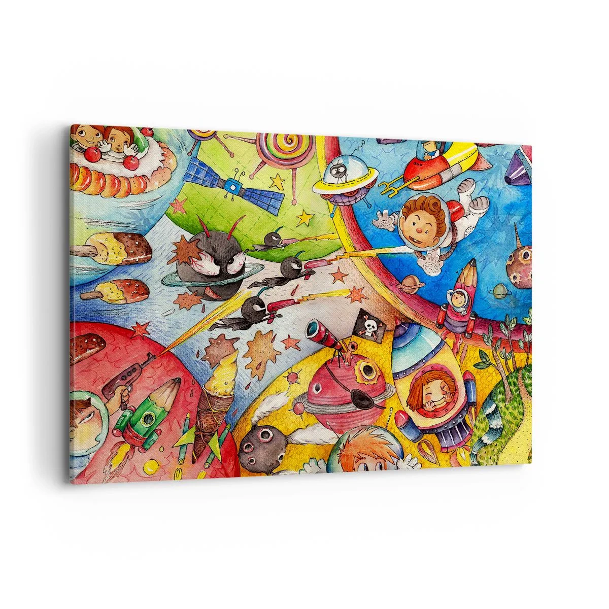 Bild auf Leinwand - Leinwandbild - Eine bunte Weltraumszene voller Kinder und Raumschiffe - 120x80cm - Tolles Weltraumabenteuer - Moderne Wanddekoration für Wohnzimmer und Schlafzimmer ARTTOR