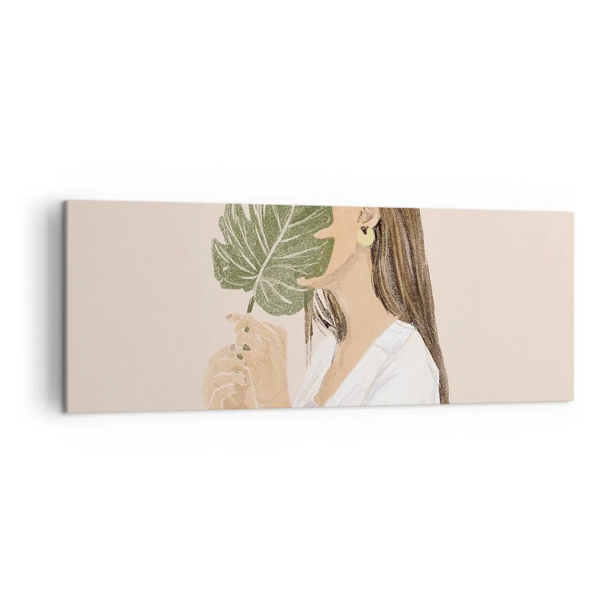 Bild auf Leinwand - Leinwandbild - Porträt einer Frau mit einem Monstera-Blatt auf beigem Hintergrund - 140x50cm - Geheimnisvolles Porträt mit Fächer - Moderne Wanddekoration für Wohnzimmer und Schlafzimmer ARTTOR