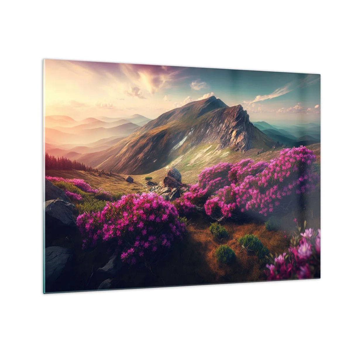 Glasbild - Bild auf glas - Sommerliche Berglandschaft mit blühendem rosa Heidekraut - 70x50cm - Sommer in den Bergen - Moderne Wanddekoration für Wohnzimmer und Schlafzimmer ARTTOR