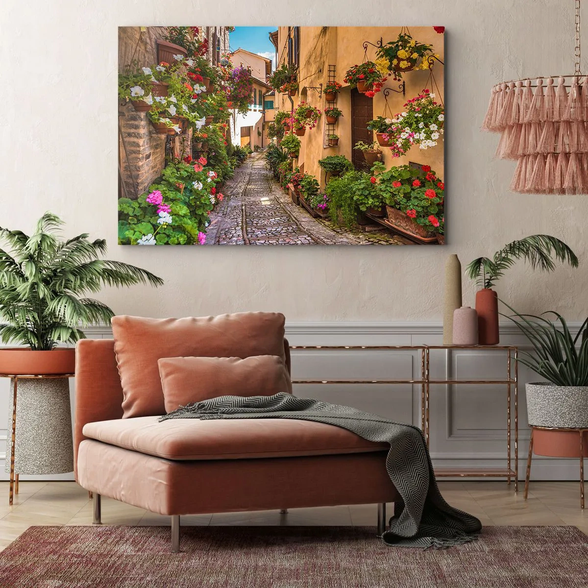Bild auf Leinwand - Leinwandbild - Eine bezaubernde Straße voller Blumen und Blumentöpfe - 70x50cm - Italienische Gasse - Moderne Wanddekoration für Wohnzimmer und Schlafzimmer ARTTOR