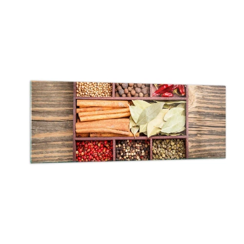 Glasbild - Bild auf glas - Holzkiste mit verschiedenen Gewürzen in Fächern - 140x50cm - Ordnung der Formen, Bouquet von Aromen - Moderne Wanddekoration für Wohnzimmer und Schlafzimmer ARTTOR