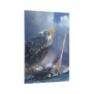 Glasbild - Bild auf glas - Ein Segelboot im Sturm am Fuße eines massiven Felsens - 70x100cm - Wer den Mut hat, gewinnt - Moderne Wanddekoration für Wohnzimmer und Schlafzimmer ARTTOR