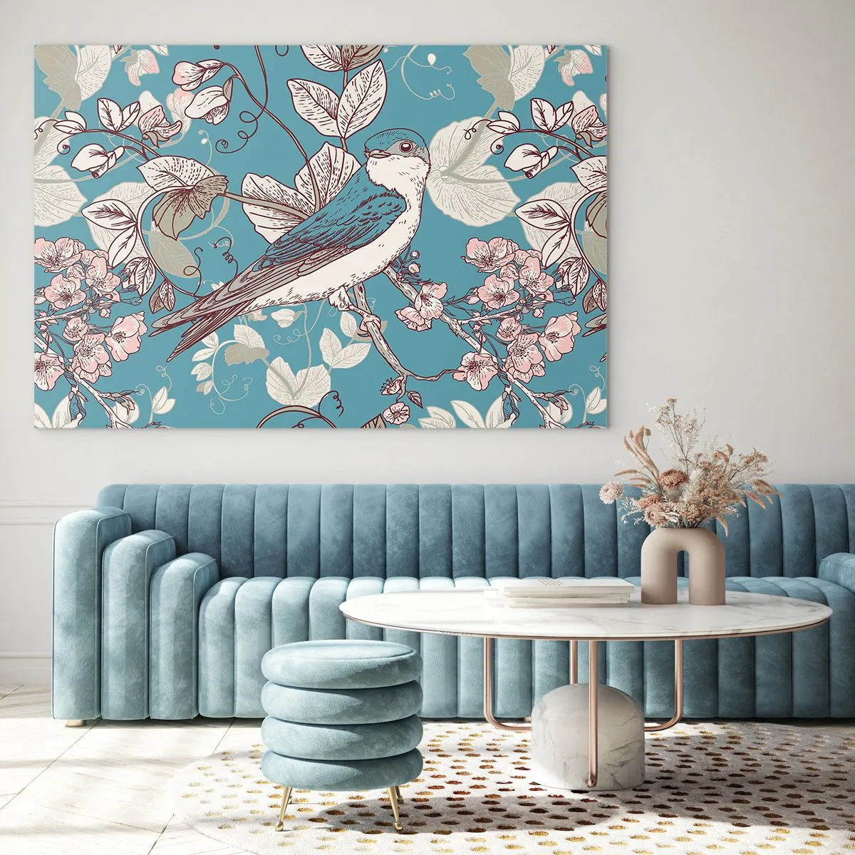 Glasbild - Bild auf glas - Ein Vogel auf einem Ast zwischen Blumen auf türkisfarbenem Hintergrund - 70x50cm - Im Weißholz von Rot und Silber - Moderne Wanddekoration für Wohnzimmer und Schlafzimmer ARTTOR