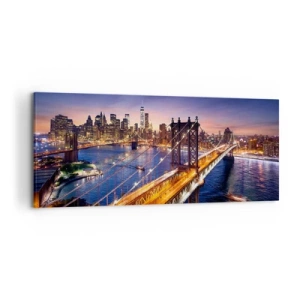 Bild auf Leinwand - Leinwandbild - Die Brücke und das Stadtpanorama bei Sonnenuntergang - 120x50cm - Eine leuchtende Brücke zum Herzen der Stadt - Moderne Wanddekoration für Wohnzimmer und Schlafzimmer ARTTOR