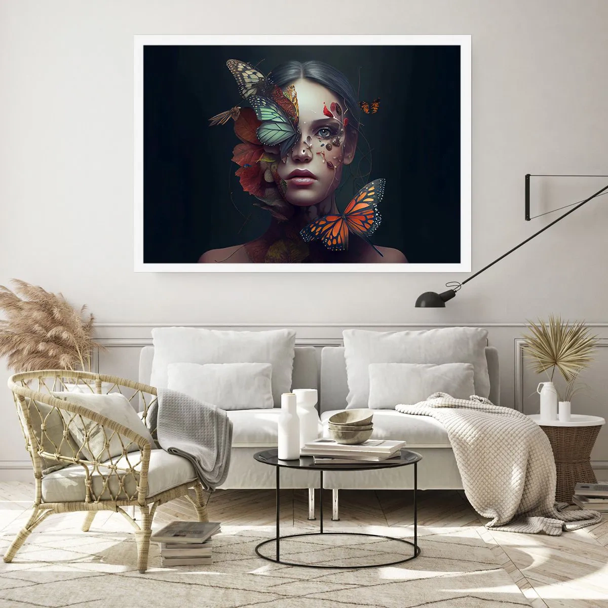 Poster - Porträt einer Frau mit Schmetterlingen und Pflanzenelementen - 100x70cm - Wunderbare Metamorphose - Moderne Wanddekoration für Wohnzimmer und Schlafzimmer ARTTOR