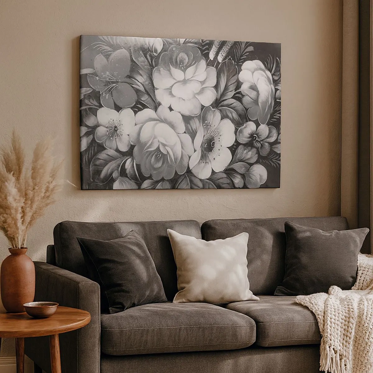 Bild auf Leinwand - Leinwandbild - Schwarze und weiße Blumen in einer klassischen und eleganten Komposition - 70x50cm - Schön auch in Grau - Moderne Wanddekoration für Wohnzimmer und Schlafzimmer ARTTOR