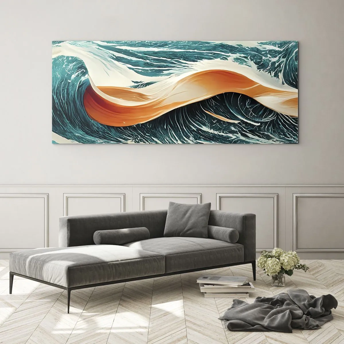 Glasbild - Bild auf glas - Dynamische Meereswellen mit abstraktem Band - 120x50cm - Traum eines Surfers - Moderne Wanddekoration für Wohnzimmer und Schlafzimmer ARTTOR
