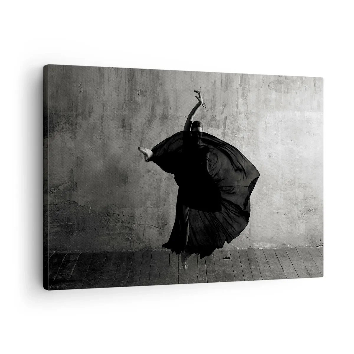 Bild auf Leinwand - Leinwandbild - Schwarz-weiße Silhouette einer Tänzerin in Bewegung vor einem Wandhintergrund - 70x50cm - Leidenschaftlicher Gürtel - Moderne Wanddekoration für Wohnzimmer und Schlafzimmer ARTTOR