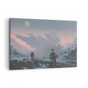 Bild auf Leinwand - Leinwandbild - Astronauten auf einem fremden Planeten mit einem Raumschiffwrack - 120x80cm - Unter einem unbekannten Stern - Moderne Wanddekoration für Wohnzimmer und Schlafzimmer ARTTOR