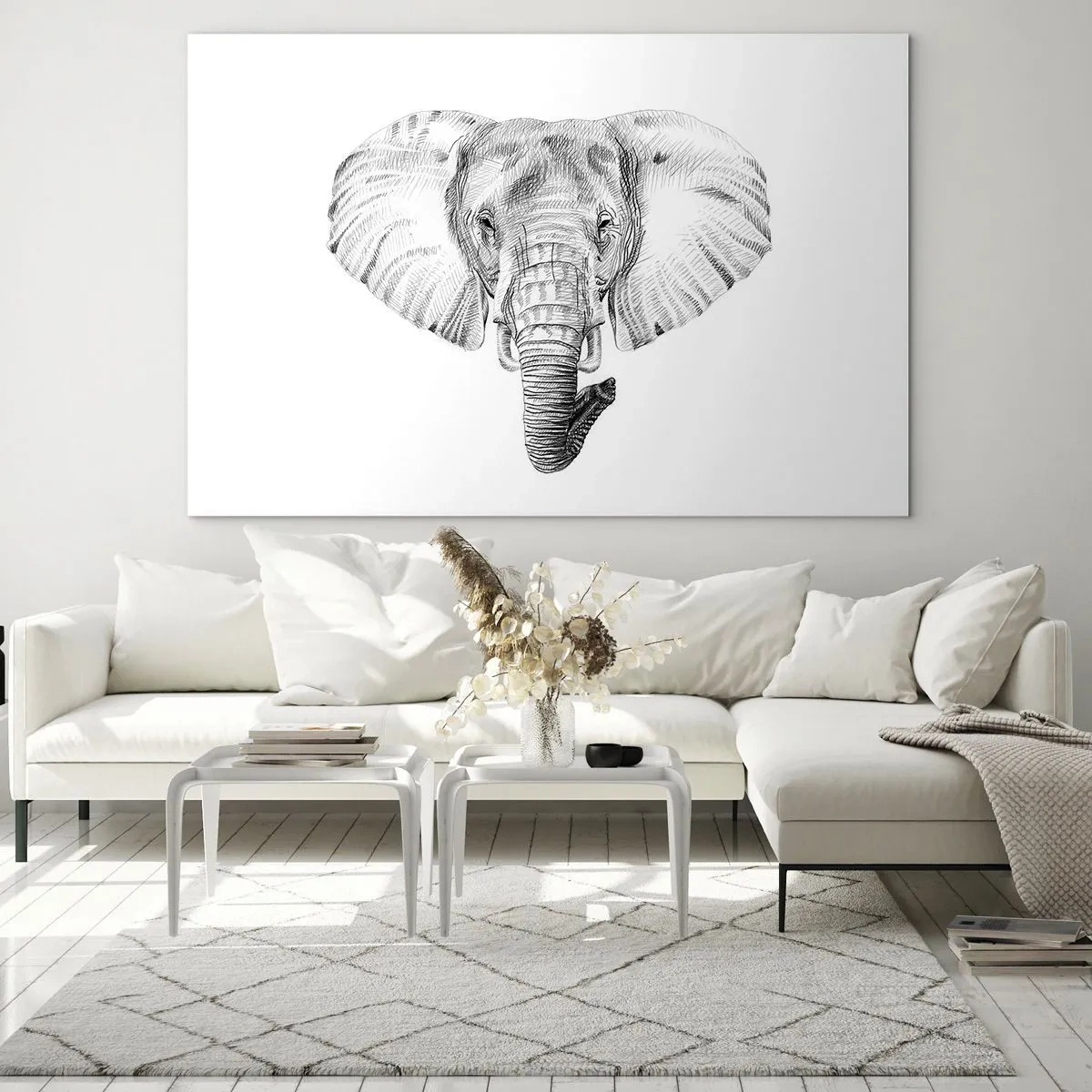 Glasbild - Bild auf glas - Schwarz-weiße Zeichnung eines Elefantenkopfes auf weißem Hintergrund - 70x50cm - Da war ein Elefant, so groß wie - ein Elefant - Moderne Wanddekoration für Wohnzimmer und Schlafzimmer ARTTOR