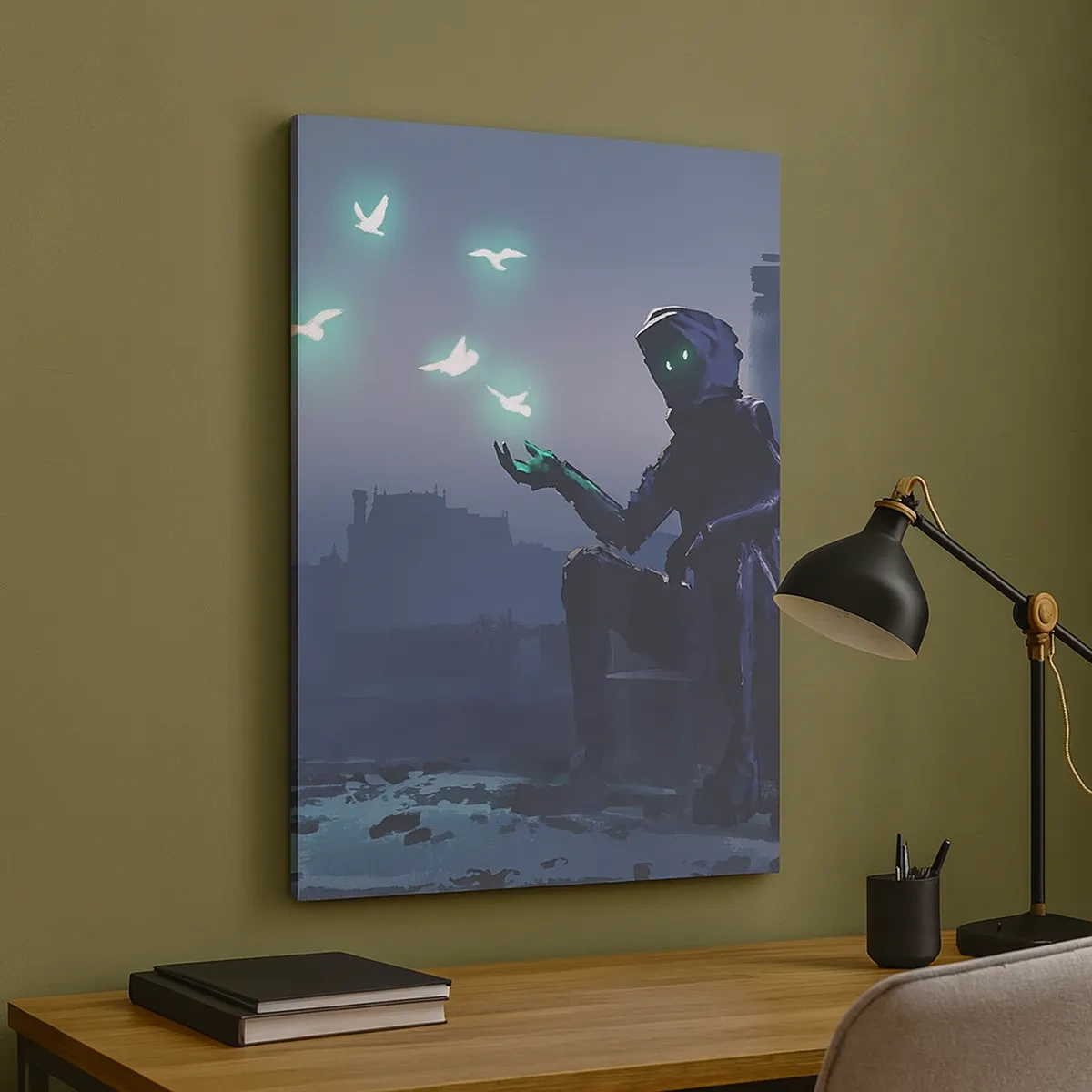 Bild auf Leinwand - Leinwandbild - Eine vermummte Figur mit magischen Vögeln im Hintergrund einer Stadt - 50x70cm - Das Leben wird zurückkommen - Moderne Wanddekoration für Wohnzimmer und Schlafzimmer ARTTOR