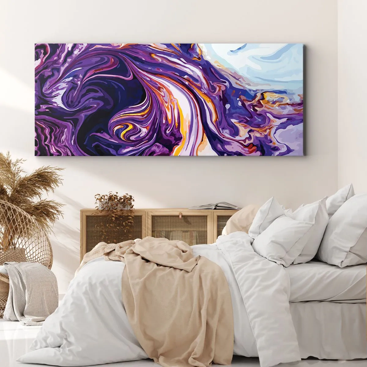 Bild auf Leinwand - Leinwandbild - Ein dynamisches abstraktes Muster in Lila- und Gelbtönen. - 120x50cm - Die Falte ist lila geworden - Moderne Wanddekoration für Wohnzimmer und Schlafzimmer ARTTOR