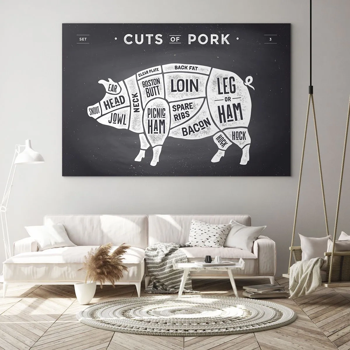 Glasbild - Bild auf glas - Diagramm von Schweinefleischstücken auf einer schwarzen Tafel - 70x50cm - Metzger Grundierung - Moderne Wanddekoration für Wohnzimmer und Schlafzimmer ARTTOR