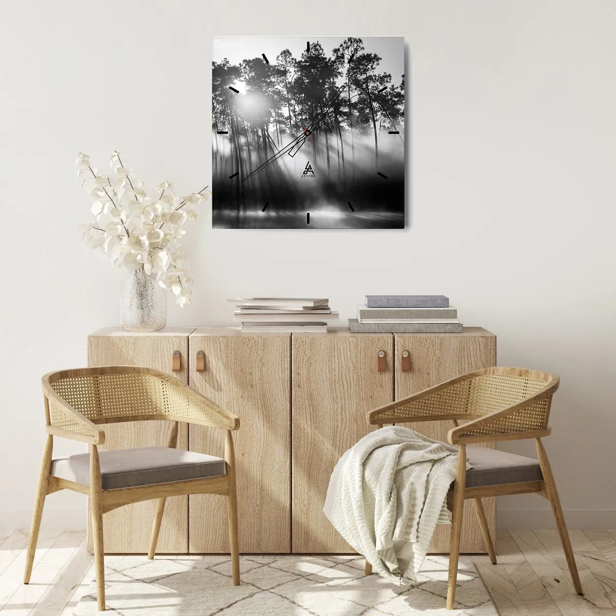 Wanduhr - Glasuhr - Schwarz-weißer Wald im Morgennebel - 30x30cm - Unaufhaltsame Sonne - Moderne Wanddekoration für Wohnzimmer und Schlafzimmer ARTTOR
