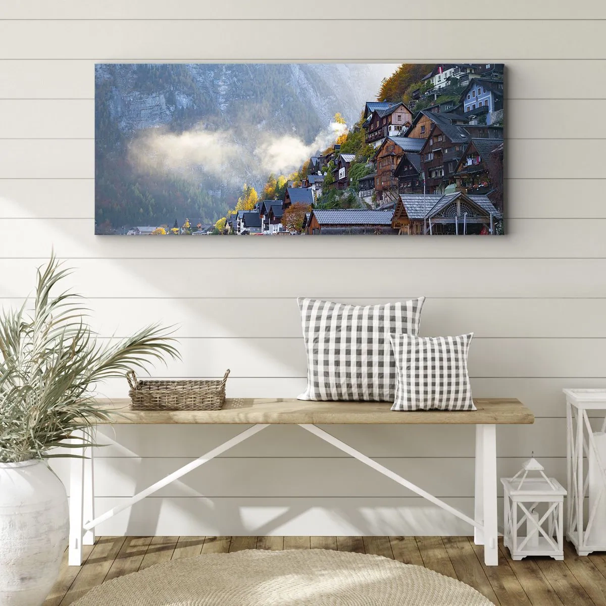 Bild auf Leinwand - Leinwandbild - Ein Bergdorf an einem See in herbstlicher Landschaft - 120x50cm - Alpenatmosphäre - Moderne Wanddekoration für Wohnzimmer und Schlafzimmer ARTTOR