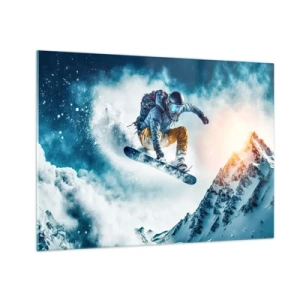 Glasbild - Bild auf glas - Ein Snowboarder fliegt über schneebedeckte Berge - 70x50cm - Extreme Emotionen - Moderne Wanddekoration für Wohnzimmer und Schlafzimmer ARTTOR