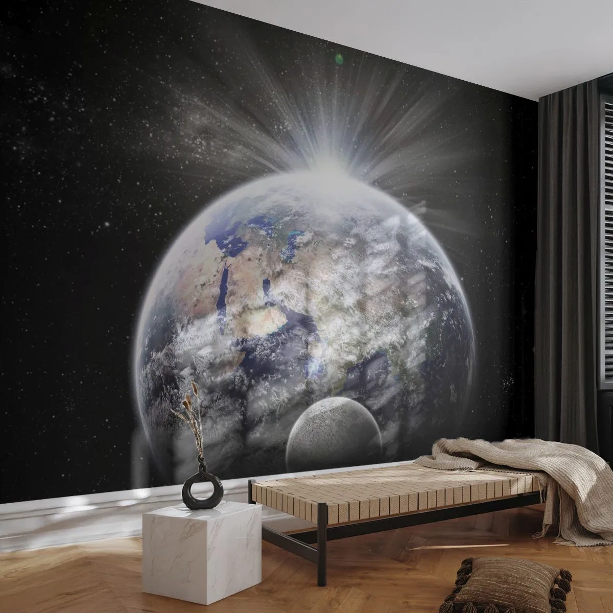 Fototapete Premium Sand - Blick auf Erde und Mond im Weltraum mit Lichteffekt - 100x70cm - In voller Pracht - Moderne Wanddekoration für Wohnzimmer und Schlafzimmer ARTTOR