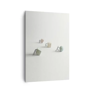 Bild auf Leinwand - Leinwandbild - Miniaturfiguren, die Formen vor einem hellen Hintergrund schieben - 70x100cm - Pures Leben - Moderne Wanddekoration für Wohnzimmer und Schlafzimmer ARTTOR