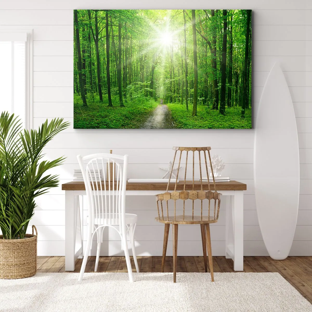 Bild auf Leinwand - Leinwandbild - Pfad im Wald mit Sonnenstrahlen - 70x50cm - Die grüne Kathedrale - Moderne Wanddekoration für Wohnzimmer und Schlafzimmer ARTTOR
