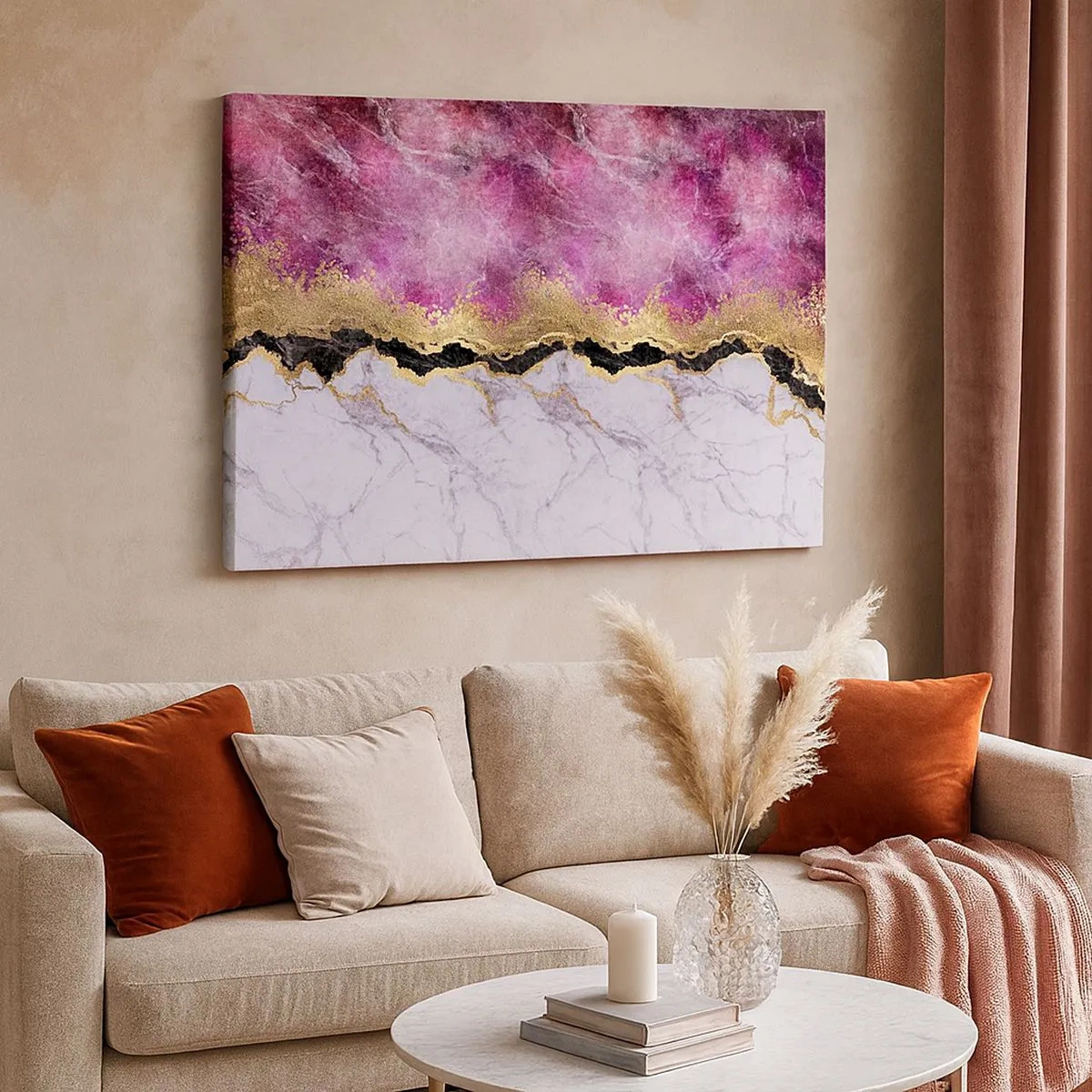 Bild auf Leinwand - Leinwandbild - Abstrakter Marmor in Rosatönen mit goldenen Akzenten - 70x50cm - An der Grenze - Moderne Wanddekoration für Wohnzimmer und Schlafzimmer ARTTOR
